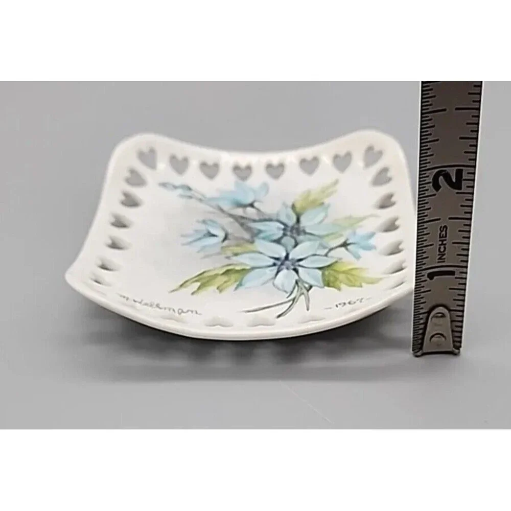 VTG Hand Painted Blue Floral Porcelain Square Dish Heart Cutouts 1967 Original